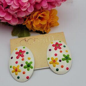 Vintage DON-LIN  Floral Enamel Oval Stud Statement Earrings White 2"